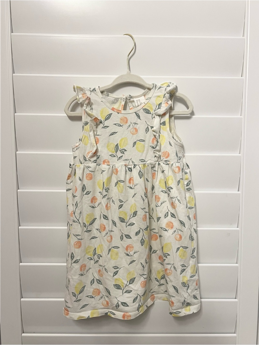 H&M Girls White with Lemon & Orange Citrus Print Ruffle Sleeve Dress 3T